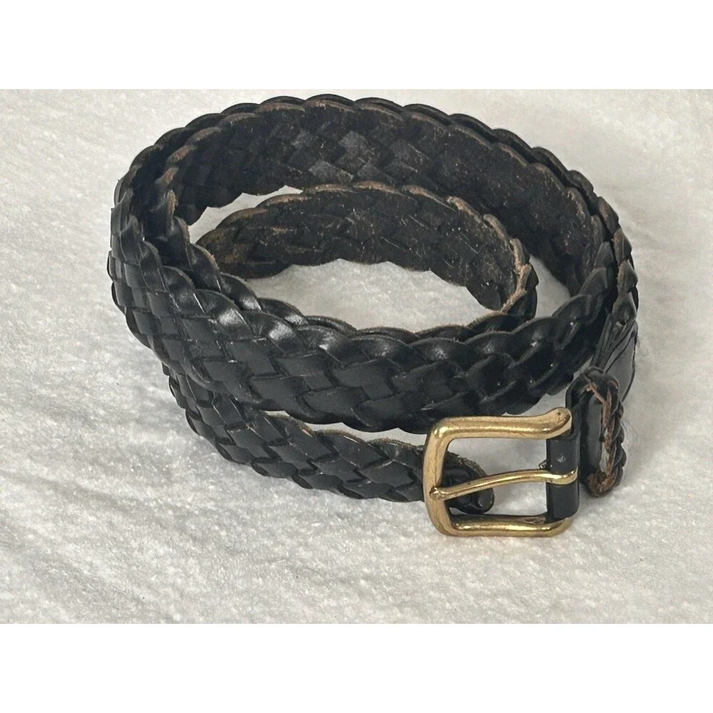 Torino Leather Belt Black Braided Mens Size 44 Brass Buckle Argentina